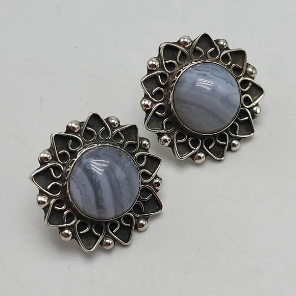 Vintage Sterling Silver CII Mexico Blue Lace Agate Sun Burst Earrings - Picture 2 of 6